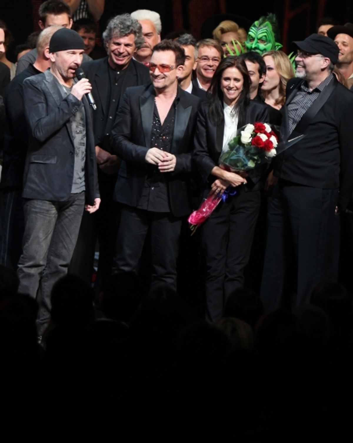 The Edge, Bono, Julie Taymor and Philip William McKinley (Director)  during the ''Spider-Man Turn off the Dark'' Opening Night Curtain Call in New York City.  at 
