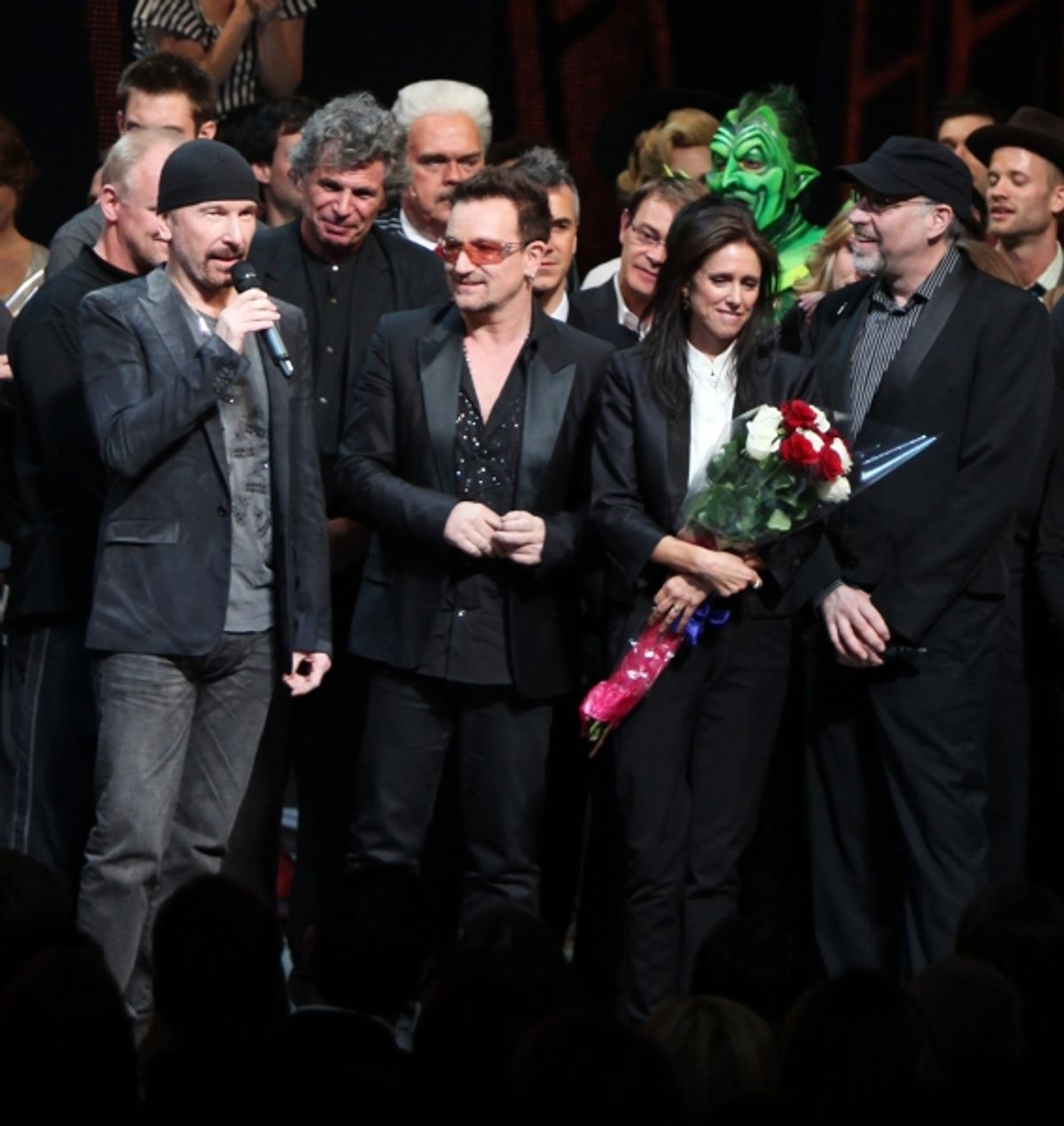 The Edge, Bono, Julie Taymor and Philip William McKinley (Director)  during the ''Spider-Man Turn off the Dark'' Opening Night Curtain Call in New York City.  at 