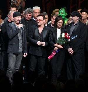 The Edge, Bono, Julie Taymor and Philip William McKinley (Director) during the ''Spider-Man Turn off the Dark'' Opening Night Curtain Call in New York City. @ BroadwayWorld The Edge, Bono, Julie Taymor and Philip William McKinley (Director) during the ''Spi Photo