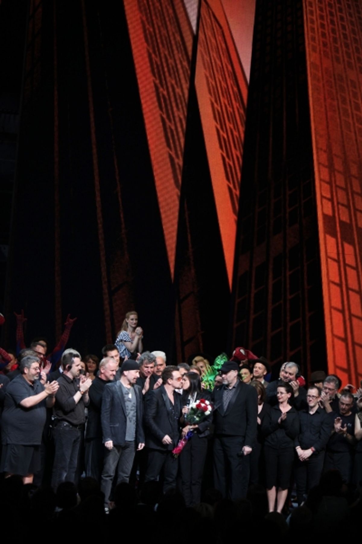 The Edge, Bono, Julie Taymor and Philip William McKinley (Director)  during the ''Spider-Man Turn off the Dark'' Opening Night Curtain Call in New York City.  at 