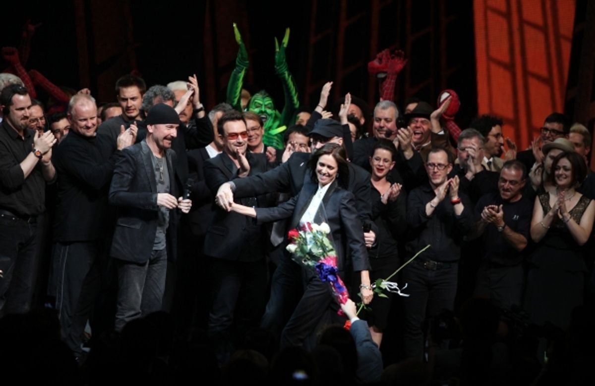 The Edge, Bono, Julie Taymor and Philip William McKinley (Director)  & Company during the ''Spider-Man Turn off the Dark'' Opening Night Curtain Call in New York City.  at 
