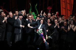 The Edge, Bono, Julie Taymor and Philip William McKinley (Director) & Company during the ''Spider-Man Turn off the Dark'' Opening Night Curtain Call in New York City. @ BroadwayWorld The Edge, Bono, Julie Taymor and Philip William McKinley (Director) & Company during Photo