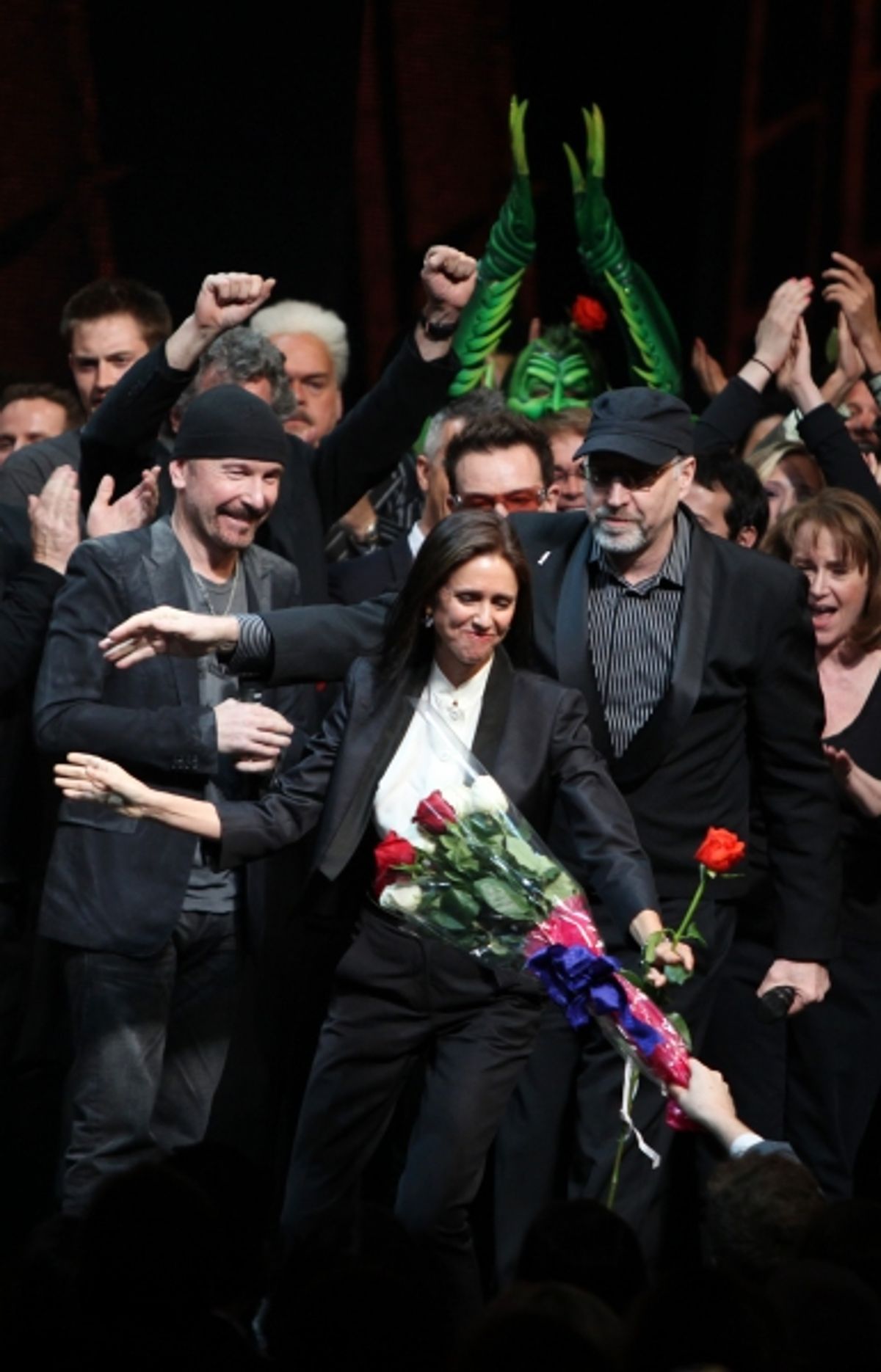The Edge, Bono, Julie Taymor and Philip William McKinley (Director)  during the ''Spider-Man Turn off the Dark'' Opening Night Curtain Call in New York City.  at 