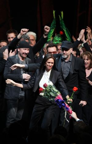 The Edge, Bono, Julie Taymor and Philip William McKinley (Director) during the ''Spider-Man Turn off the Dark'' Opening Night Curtain Call in New York City. @ BroadwayWorld The Edge, Bono, Julie Taymor and Philip William McKinley (Director) during the ''Spi Photo