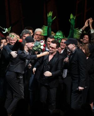 The Edge, Bono, Julie Taymor and Philip William McKinley (Director) during the ''Spider-Man Turn off the Dark'' Opening Night Curtain Call in New York City. @ BroadwayWorld The Edge, Bono, Julie Taymor and Philip William McKinley (Director) during the ''Spi Photo