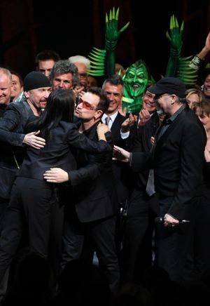 The Edge, Bono, Julie Taymor and Philip William McKinley (Director) during the ''Spider-Man Turn off the Dark'' Opening Night Curtain Call in New York City. @ BroadwayWorld The Edge, Bono, Julie Taymor and Philip William McKinley (Director) during the ''Spi Photo