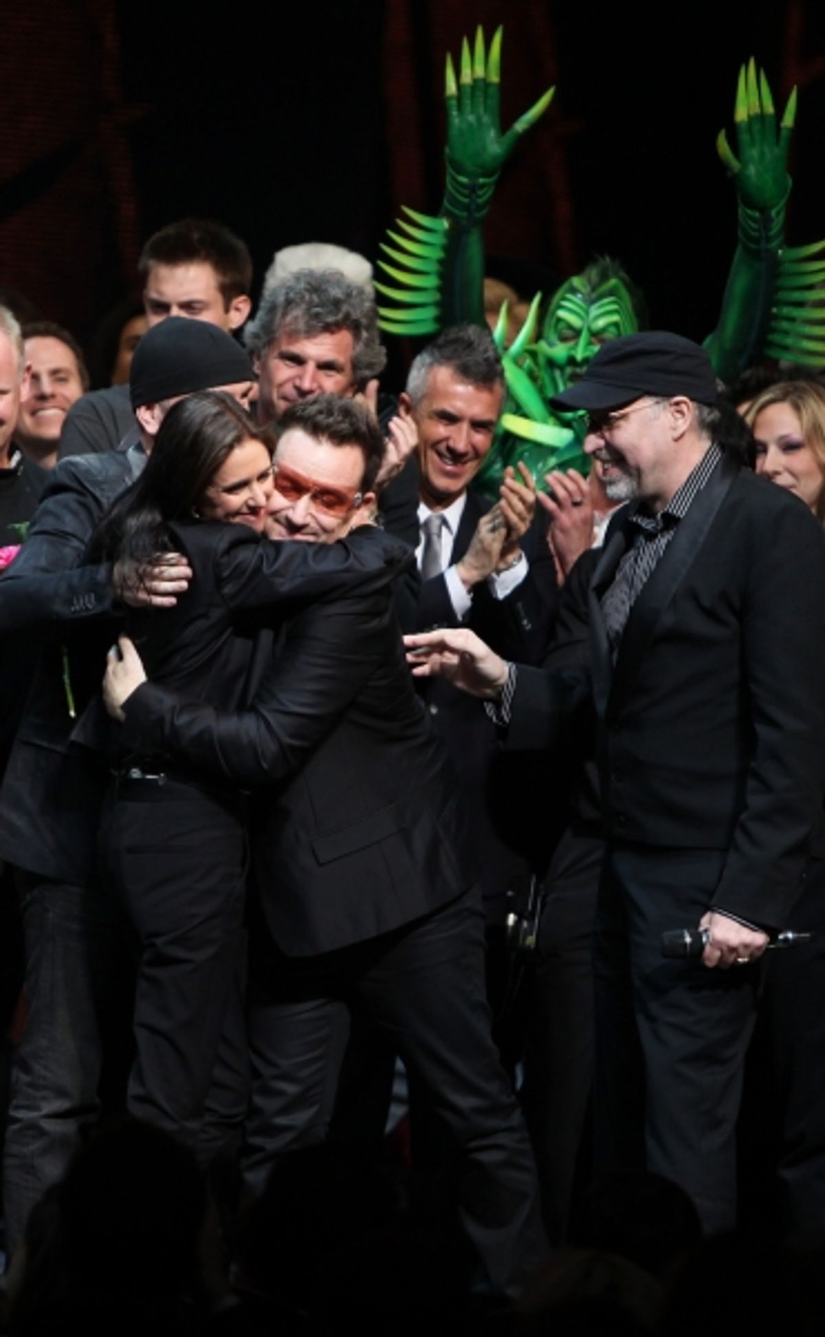 The Edge, Bono, Julie Taymor and Philip William McKinley (Director)  during the ''Spider-Man Turn off the Dark'' Opening Night Curtain Call in New York City.  at 