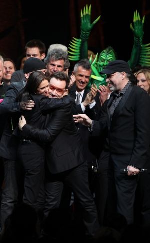 The Edge, Bono, Julie Taymor and Philip William McKinley (Director) during the ''Spider-Man Turn off the Dark'' Opening Night Curtain Call in New York City. @ BroadwayWorld The Edge, Bono, Julie Taymor and Philip William McKinley (Director) during the ''Spi Photo