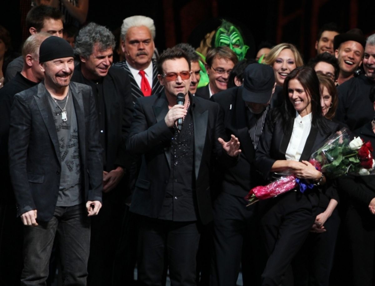 The Edge, Bono, Julie Taymor and Philip William McKinley (Director)  during the ''Spider-Man Turn off the Dark'' Opening Night Curtain Call in New York City.  at 