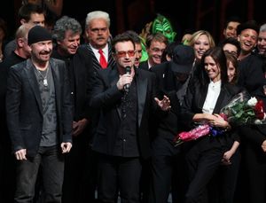 The Edge, Bono, Julie Taymor and Philip William McKinley (Director) during the ''Spider-Man Turn off the Dark'' Opening Night Curtain Call in New York City. @ BroadwayWorld The Edge, Bono, Julie Taymor and Philip William McKinley (Director) during the ''Spi Photo