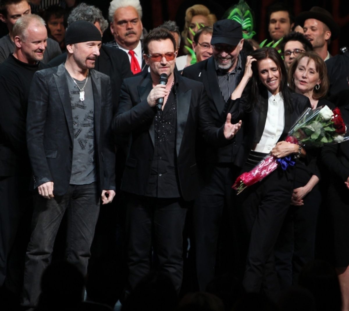 The Edge, Bono, Julie Taymor and Philip William McKinley (Director)  during the ''Spider-Man Turn off the Dark'' Opening Night Curtain Call in New York City.  at 