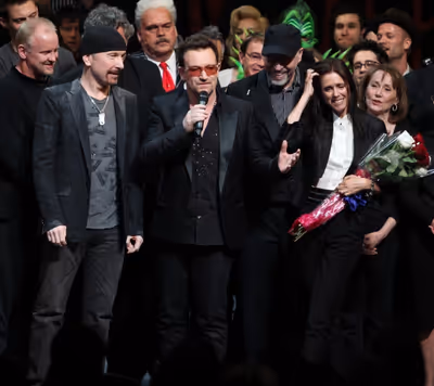The Edge, Bono, Julie Taymor and Philip William McKinley (Director)  during the ''Spi Photo