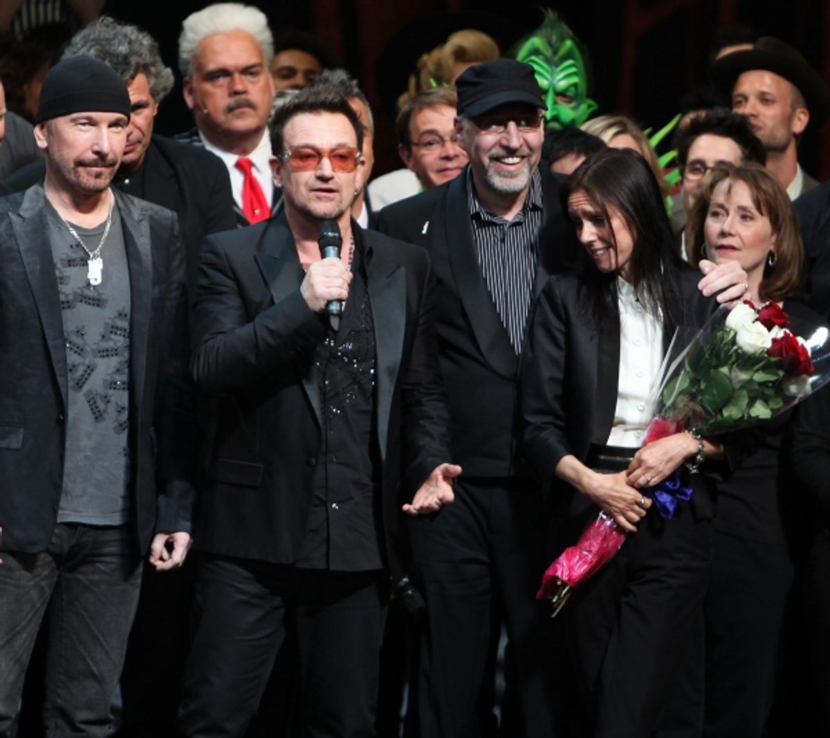The Edge, Bono, Julie Taymor and Philip William McKinley (Director)  during the ''Spider-Man Turn off the Dark'' Opening Night Curtain Call in New York City.  at 