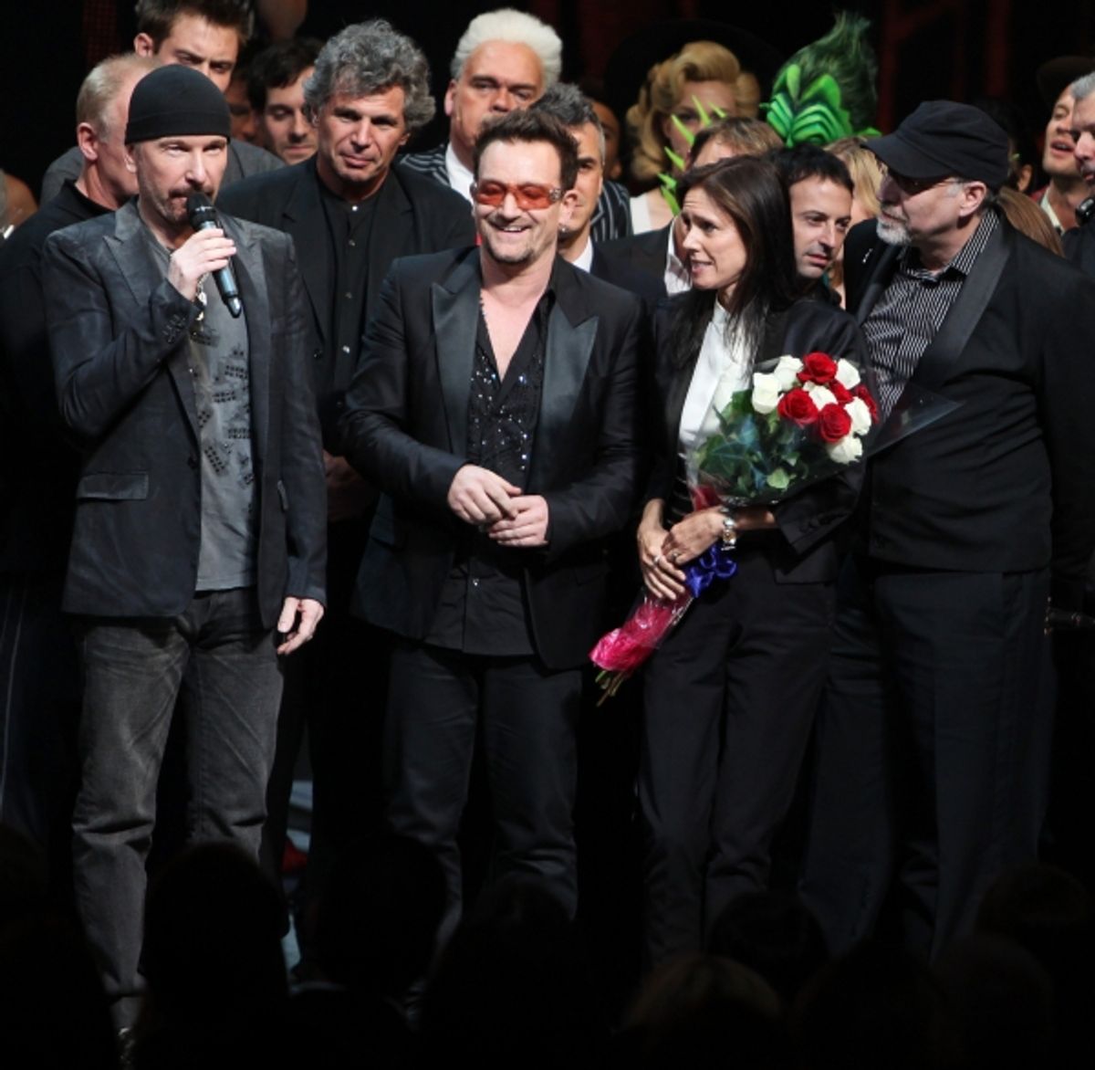 The Edge, Bono, Julie Taymor and Philip William McKinley (Director)  during the ''Spider-Man Turn off the Dark'' Opening Night Curtain Call in New York City.  at 