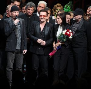 The Edge, Bono, Julie Taymor and Philip William McKinley (Director) during the ''Spider-Man Turn off the Dark'' Opening Night Curtain Call in New York City. @ BroadwayWorld The Edge, Bono, Julie Taymor and Philip William McKinley (Director) during the ''Spi Photo