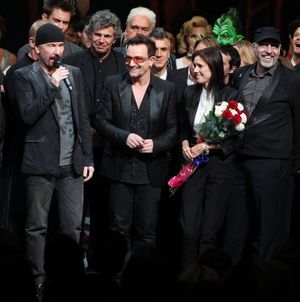 The Edge, Bono, Julie Taymor and Philip William McKinley (Director) during the ''Spider-Man Turn off the Dark'' Opening Night Curtain Call in New York City. @ BroadwayWorld The Edge, Bono, Julie Taymor and Philip William McKinley (Director) during the ''Spi Photo