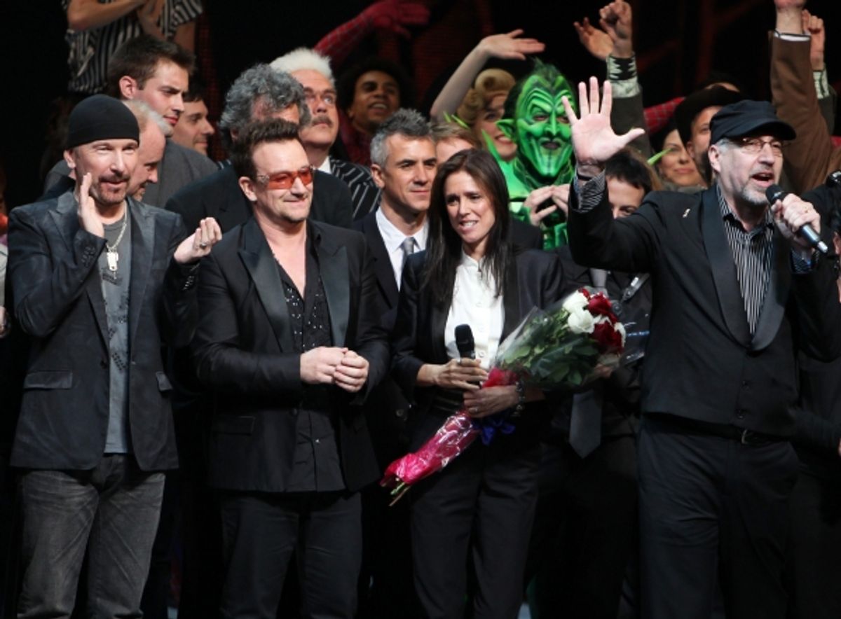 The Edge, Bono, Julie Taymor and Philip William McKinley (Director)  during the ''Spider-Man Turn off the Dark'' Opening Night Curtain Call in New York City.  at 