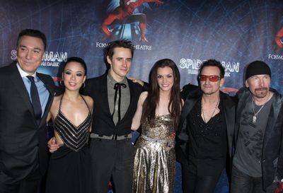 (L-R) Patrick Page, T.V. Carpio, Reeve Carney, Jennifer Damiano, Bono and The Edge at Photo