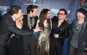 (L-R) Patrick Page, T.V. Carpio, Reeve Carney, Jennifer Damiano, Bono and The Edge at Photo