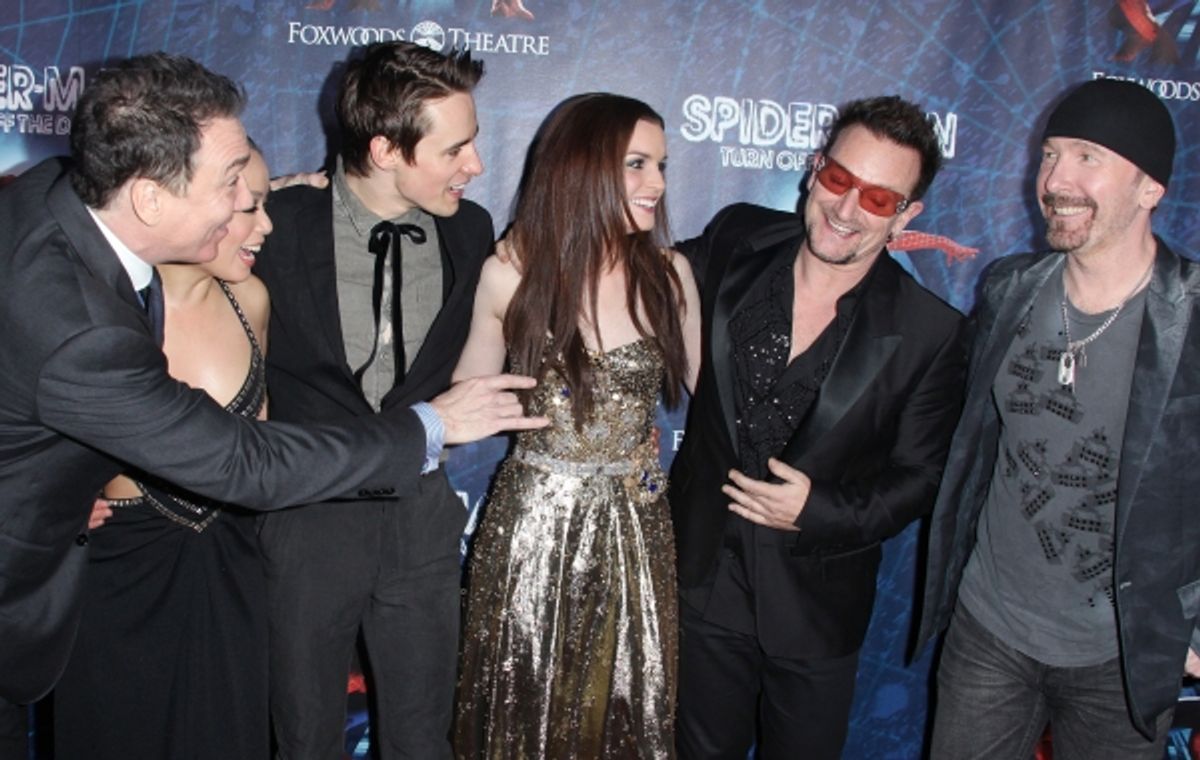 (L-R) Patrick Page, T.V. Carpio, Reeve Carney, Jennifer Damiano, Bono and The Edge attending the ''Spider-Man Turn off the Dark'' Opening Night After Party  in New York City.  at 