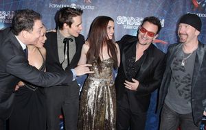 (L-R) Patrick Page, T.V. Carpio, Reeve Carney, Jennifer Damiano, Bono and The Edge at Photo