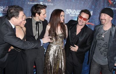 (L-R) Patrick Page, T.V. Carpio, Reeve Carney, Jennifer Damiano, Bono and The Edge at Photo