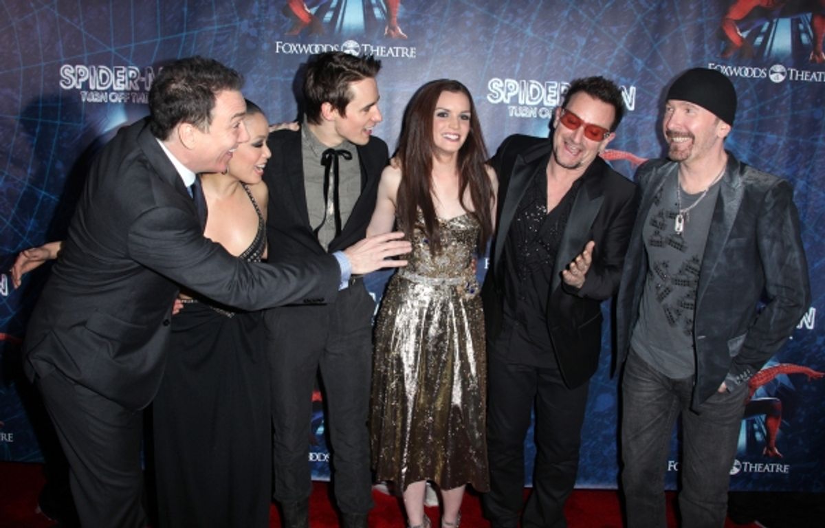 (L-R) Patrick Page, T.V. Carpio, Reeve Carney, Jennifer Damiano, Bono and The Edge attending the ''Spider-Man Turn off the Dark'' Opening Night After Party  in New York City.  at 