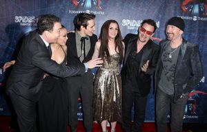 (L-R) Patrick Page, T.V. Carpio, Reeve Carney, Jennifer Damiano, Bono and The Edge at Photo