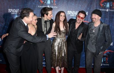 (L-R) Patrick Page, T.V. Carpio, Reeve Carney, Jennifer Damiano, Bono and The Edge at Photo