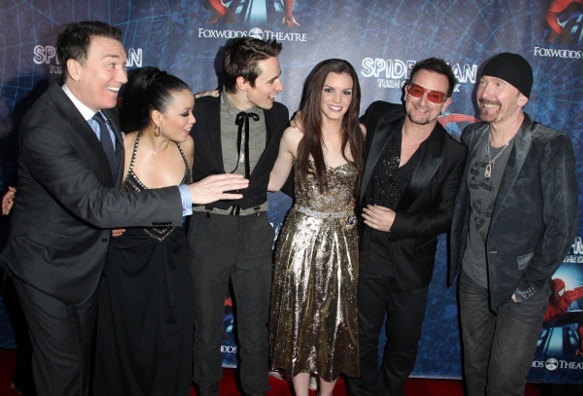 (L-R) Patrick Page, T.V. Carpio, Reeve Carney, Jennifer Damiano, Bono and The Edge attending the ''Spider-Man Turn off the Dark'' Opening Night After Party  in New York City.  at 