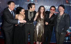 (L-R) Patrick Page, T.V. Carpio, Reeve Carney, Jennifer Damiano, Bono and The Edge at Photo