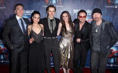 (L-R) Patrick Page,T.V. Carpio, Reeve Carney, Jennifer Damiano, Bono and The Edge att Photo