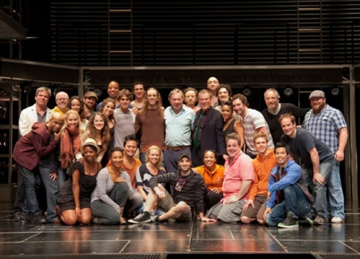Andrew Lloyd Webber pictured with the cast of the Stratford Shakespeare Festival production of Jesus Christ Superstar - the musical and director Des McAnuff at 