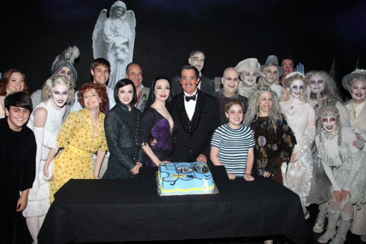 Jesse Swenson, Becca Ayers, Rachel Potter, Adam Grupper, Bebe Neuwirth, Roger Rees, Brad Oscar, Adam Riegler, Zachary James, Jackie Hoffman with the cast of 'The Addams Family' celebrating their 500th performance with a special cake-cutting backstage at t at 