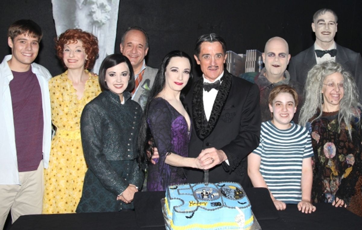 Jesse Swenson, Becca Ayers, Rachel Potter, Adam Grupper, Bebe Neuwirth, Roger Rees, Brad Oscar, Adam Riegler, Zachary James, Jackie Hoffman with the cast of 'The Addams Family' celebrating their 500th performance with a special cake-cutting backstage at t at 
