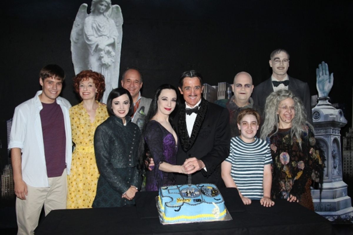 Jesse Swenson, Becca Ayers, Rachel Potter, Adam Grupper, Bebe Neuwirth, Roger Rees, Brad Oscar, Adam Riegler, Zachary James, Jackie Hoffman with the cast of 'The Addams Family' celebrating their 500th performance with a special cake-cutting backstage at t at 