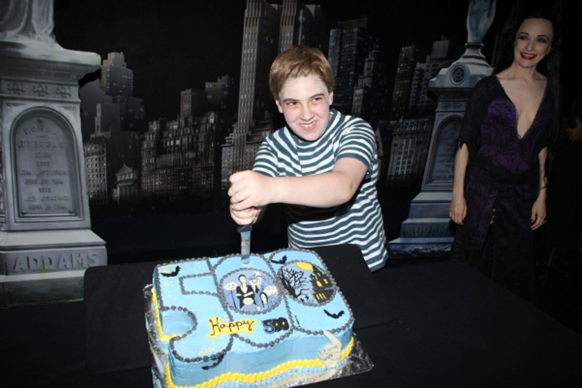 Adam Riegler & Bebe Neuwirth with the cast of 'The Addams Family' celebrating their 500th performance with a special cake-cutting backstage at the Lunt Fontanne Theatre in New York City.  at 