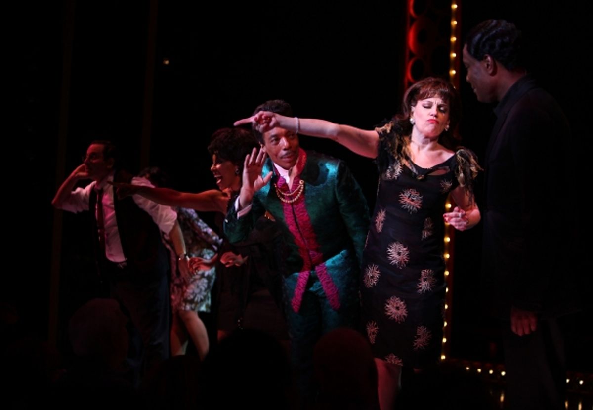 The Shirelles lead singer Shirley Alston Reeves visits Geno Henderson, Beth Leavel, Allan Louis & the 'Baby it's You!'  cast during their Curtain Call on Broadway in New York City. at 