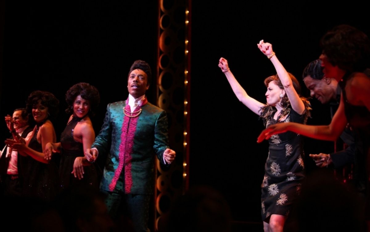 The Shirelles lead singer Shirley Alston Reeves visits Geno Henderson, Beth Leavel & the 'Baby it's You!'  cast during their Curtain Call on Broadway in New York City. at 