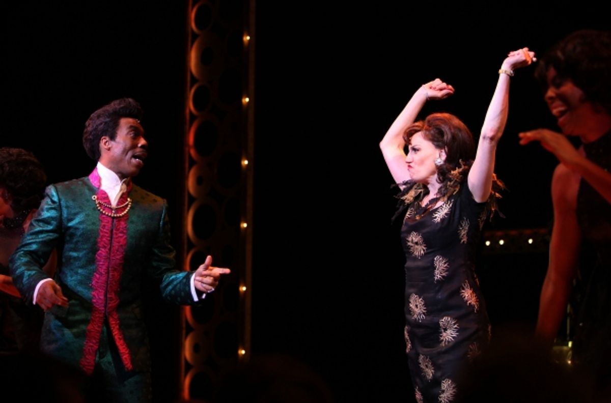 The Shirelles lead singer Shirley Alston Reeves visits Geno Henderson, Beth Leavel & the 'Baby it's You!'  cast during their Curtain Call on Broadway in New York City. at 