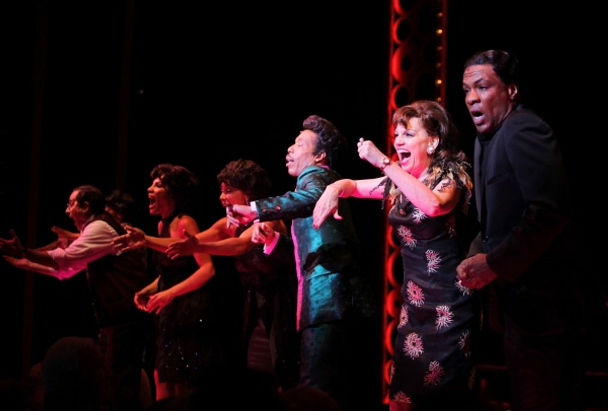 The Shirelles lead singer Shirley Alston Reeves visits Geno Henderson, Beth Leavel, Allan Louis & the 'Baby it's You!'  cast during their Curtain Call on Broadway in New York City. at 