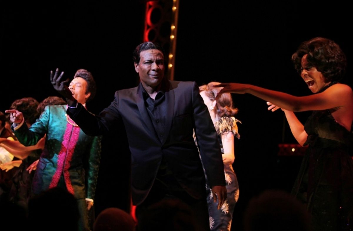 The Shirelles lead singer Shirley Alston Reeves visits Allan Louis & the 'Baby it's You!'  cast during their Curtain Call on Broadway in New York City. at 