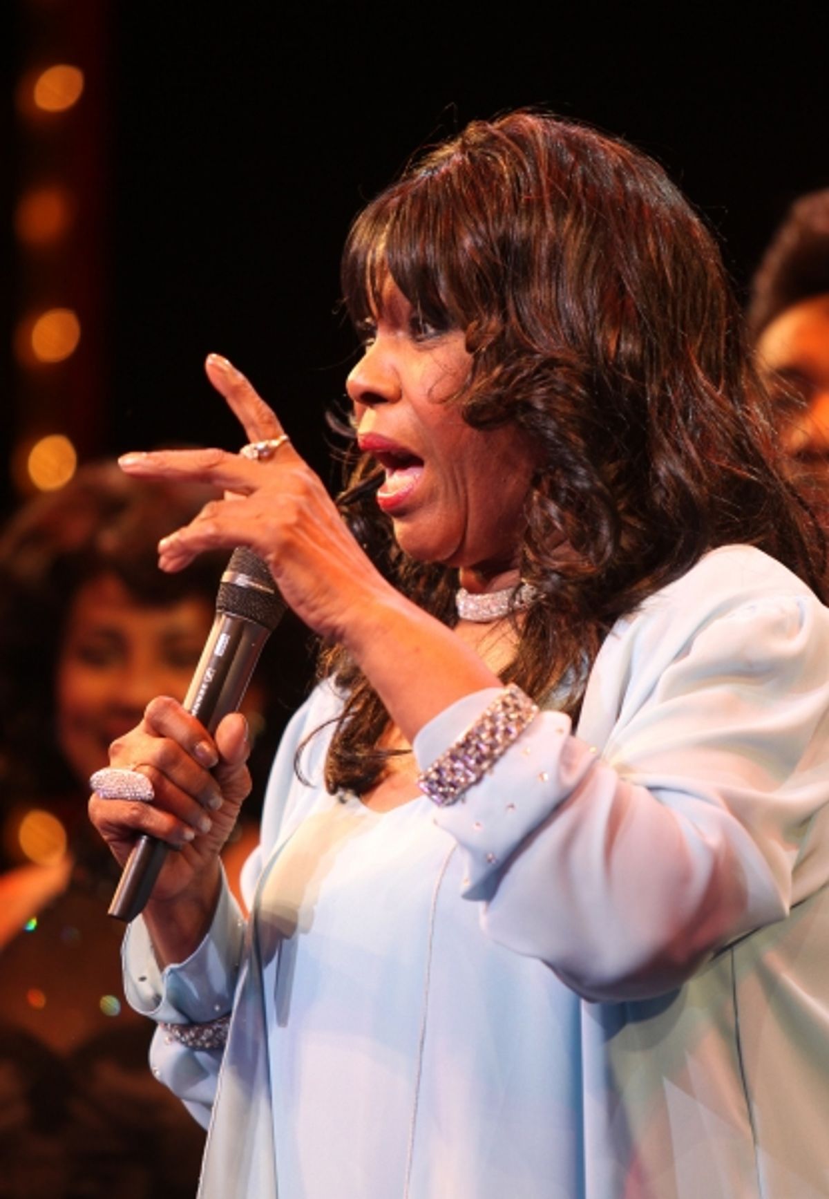 The Shirelles lead singer Shirley Alston Reeves visits the 'Baby it's You!'  cast during their Curtain Call on Broadway in New York City. at 