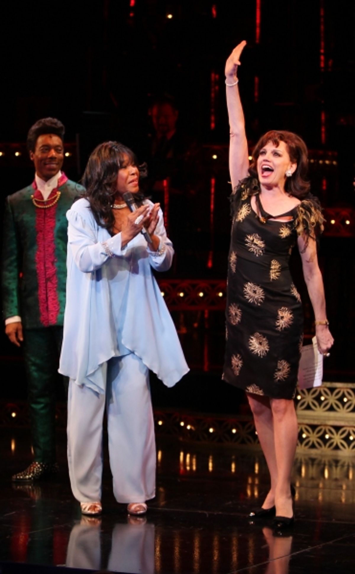The Shirelles lead singer Shirley Alston Reeves visits Geno Henderson, Beth Leavel, Allan Louis & the 'Baby it's You!'  cast during their Curtain Call on Broadway in New York City. at 
