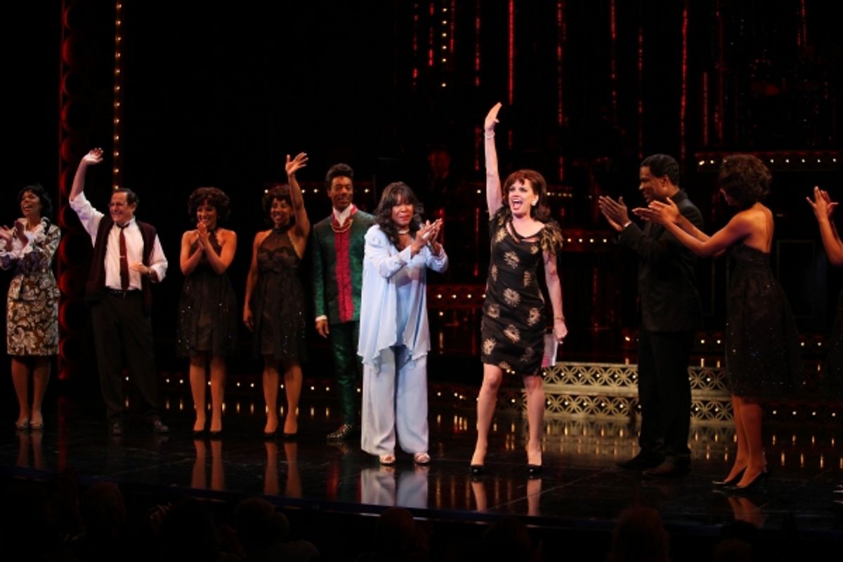 The Shirelles lead singer Shirley Alston Reeves visits Geno Henderson, Beth Leavel, Allan Louis & the 'Baby it's You!'  cast during their Curtain Call on Broadway in New York City. at 