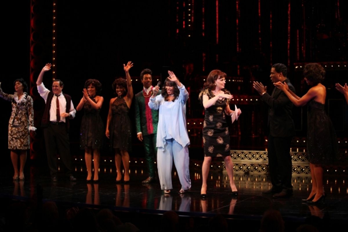 The Shirelles lead singer Shirley Alston Reeves visits Geno Henderson, Beth Leavel, Allan Louis & the 'Baby it's You!'  cast during their Curtain Call on Broadway in New York City. at 