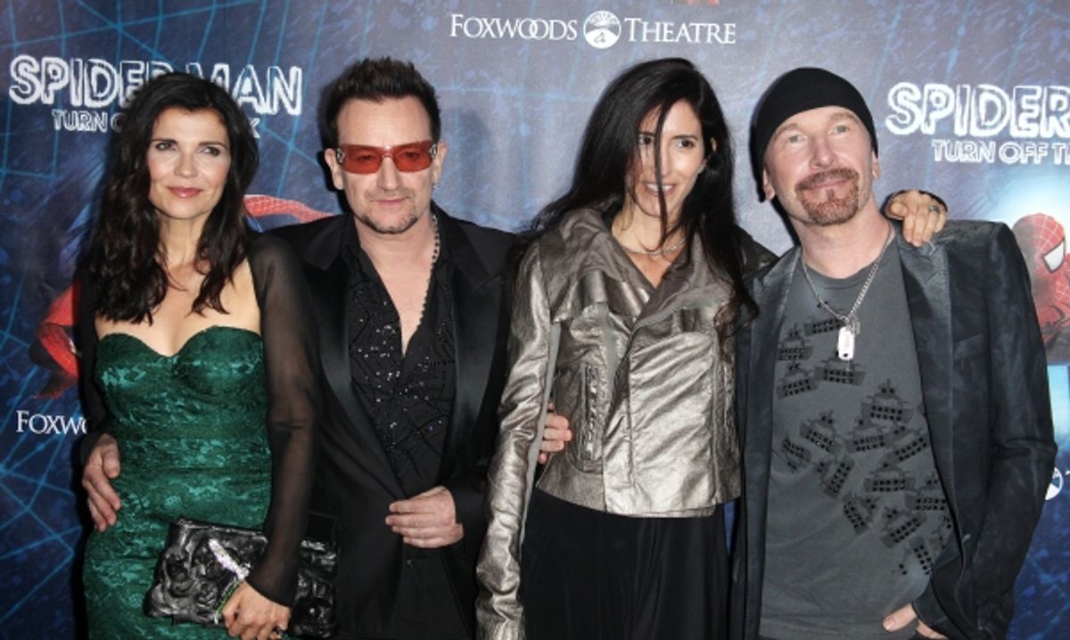 (L-R) Ali Hewson, Bono of U2, Morleigh Steinberg and The Edge of U2 attending the Opening Night Performance of 'Spider-Man Turn Off The Dark' at the Foxwoods Theatre in New York City. at 