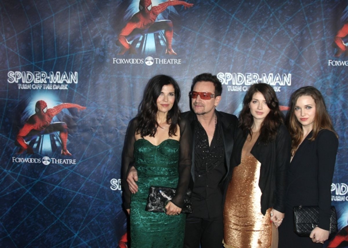 (L-R)Ali Hewson, Bono of U2, Eve Hewson and Jordan Hewson attending the Opening Night Performance of 'Spider-Man Turn Off The Dark' at the Foxwoods Theatre in New York City. at 