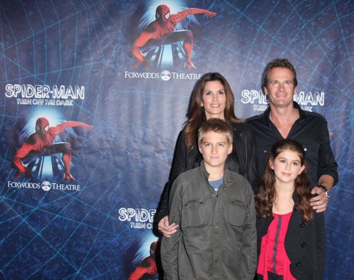 Cindy Crawford, Rande Gerber, Presley Gerber and Kaia Gerber attending the Opening Night Performance of 'Spider-Man Turn Off The Dark' at the Foxwoods Theatre in New York City. at 