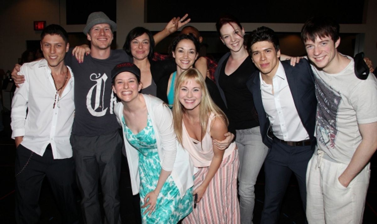 Christopher W. Tierney and Cast members making their Broadway Debuts during the 'Spider-Man Turn Off The Dark' Opening Night Gypsy Robe Ceremony for Recepient Joshua Kobak at the Foxwoods Theatre in New York City at 